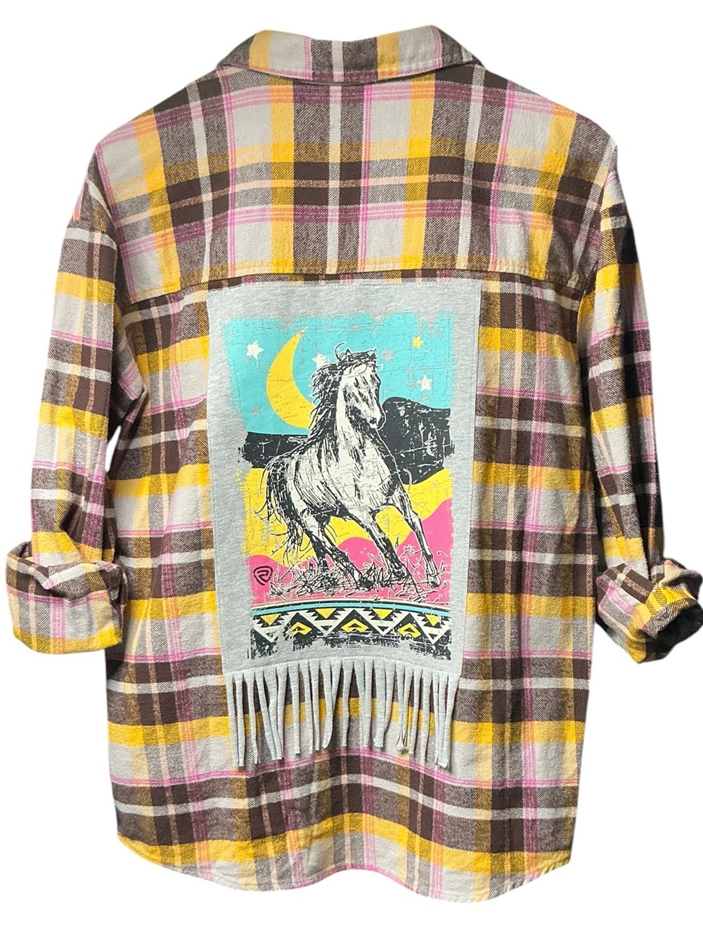 Western Horse Theme Upcycled Flannel Shirt Fringe Aztec